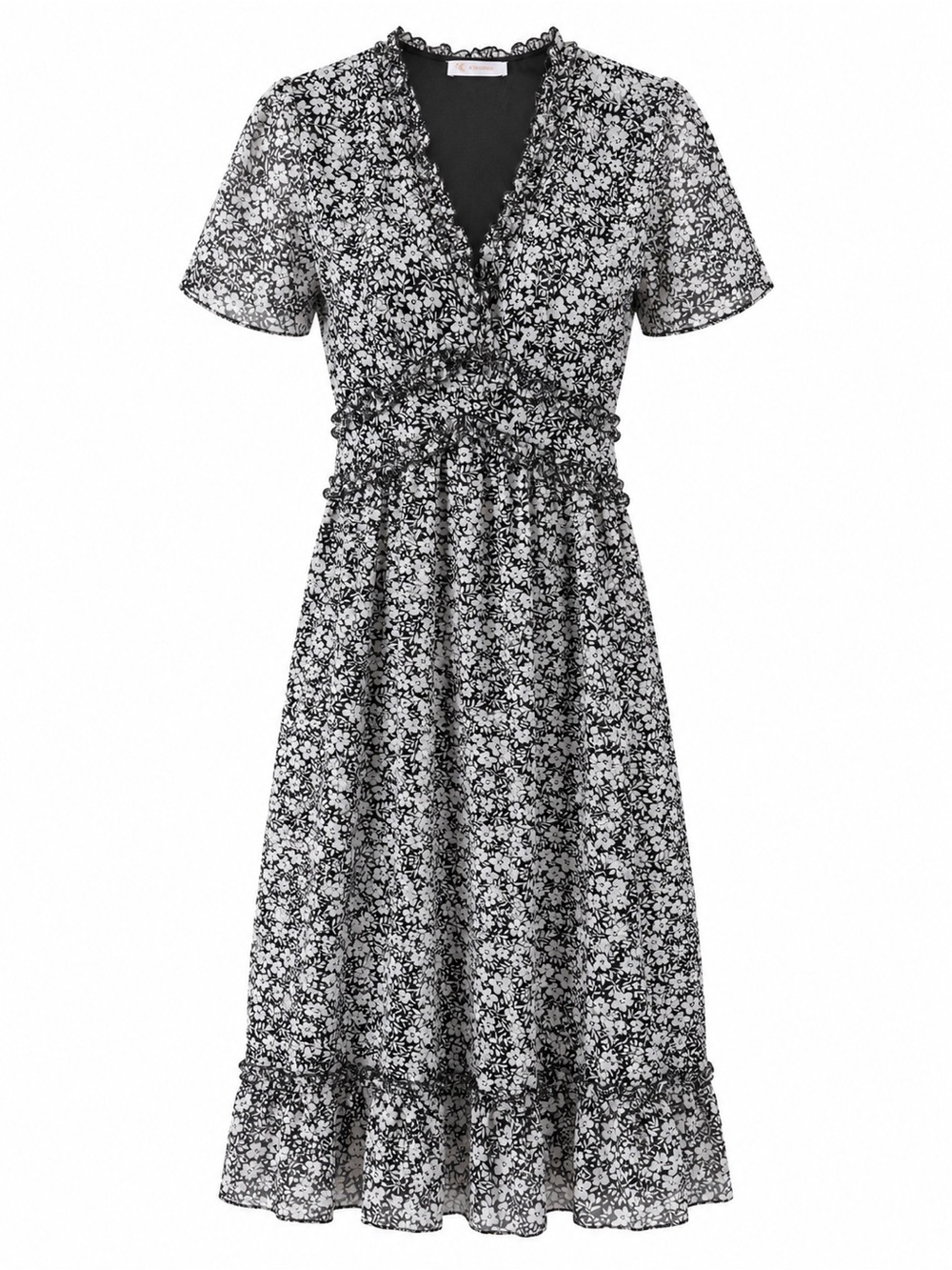 KIRUNDO Black & White Floral Ruffle Midi Dress – Size Small